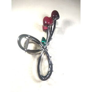 Cherry Alligator Clip Hair Barrette Silver Tone Red Green Classic Design